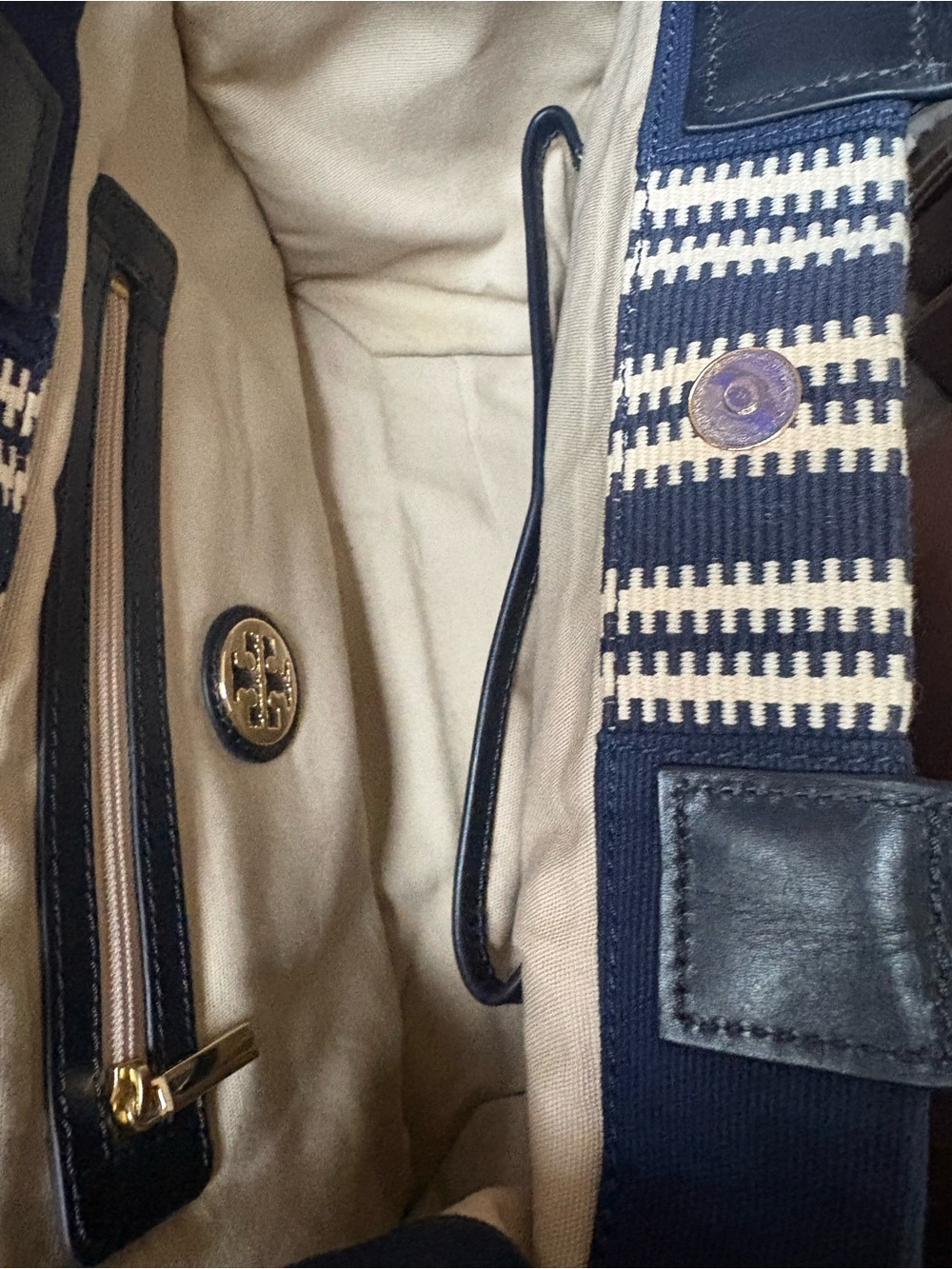 Tory Burch Navy and Cream Striped Canvas Tote with Logo Medallion - Picture 5 of 5
